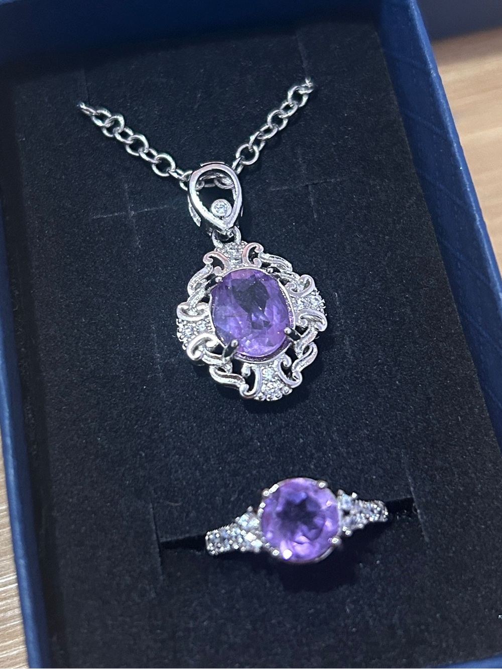 Natural Amethyst Pendant Necklace and Ring Set - Purple